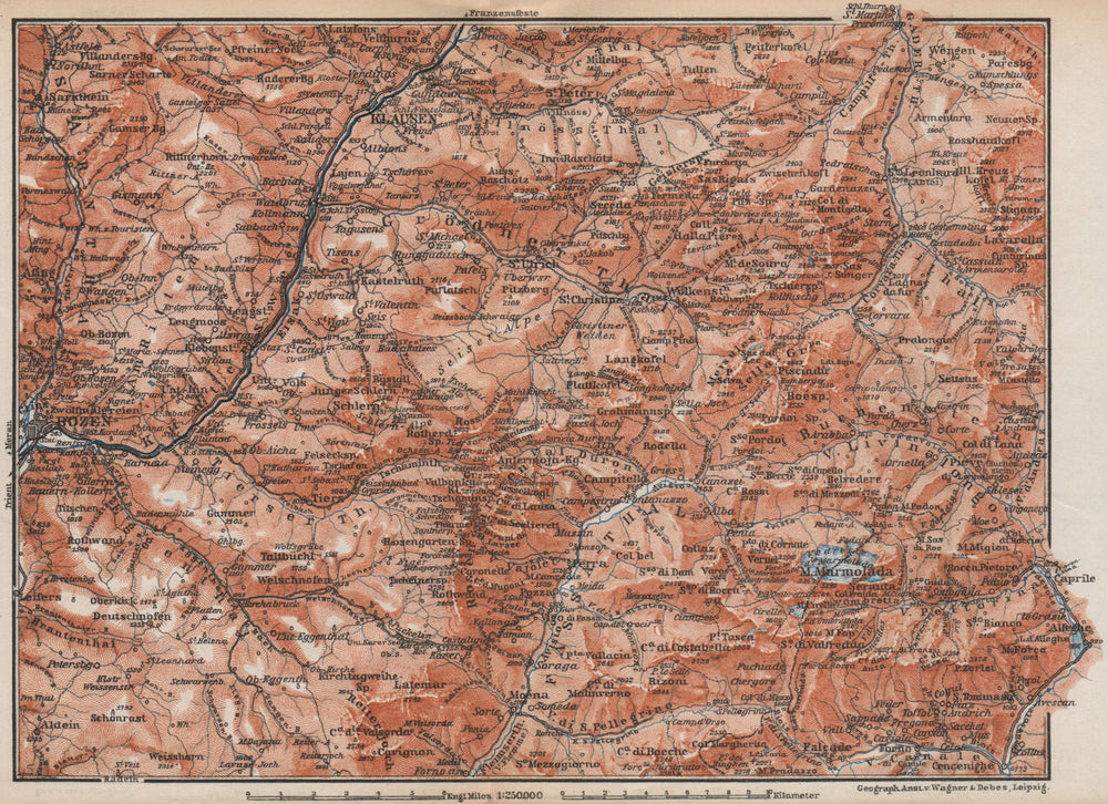 VAL GARDENA/GRÖDEN. Bozen/Bolzano Schlern-Rosengarten Südtirol Klausen 1899 map