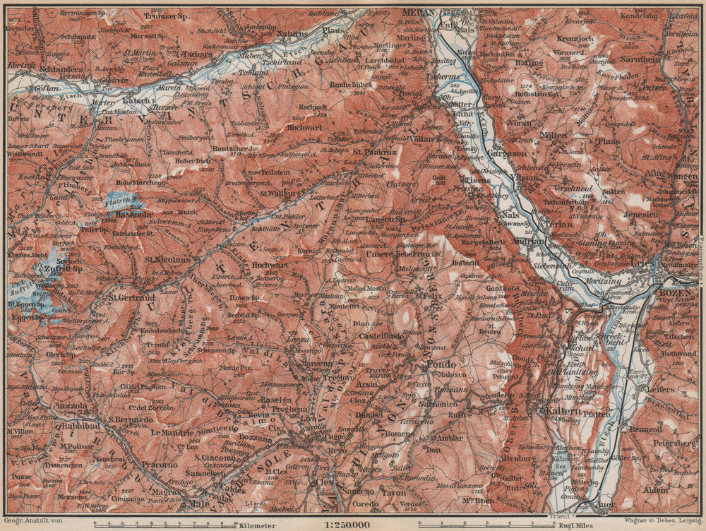 VINTSCHGAU ADIGE/ETSCH Ultental valleys. Bozen/Bolzano Merano Südtirol 1899 map