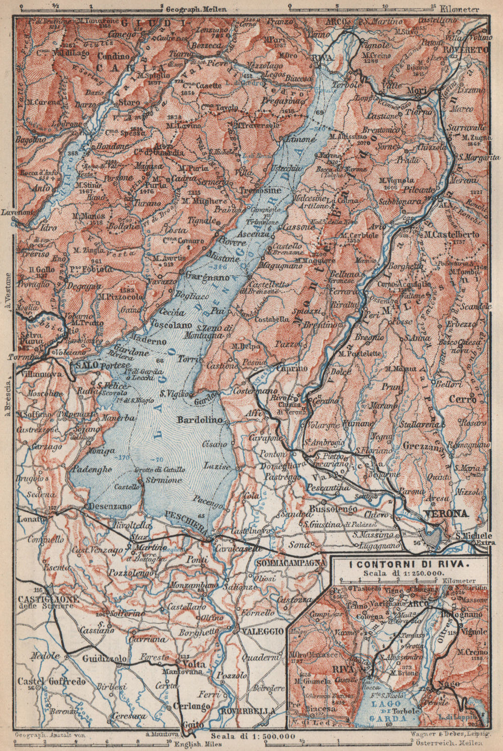 LAGO DI/LAKE GARDA. Riva Salo Peschiera Verona. topo-map. Italy mappa 1899