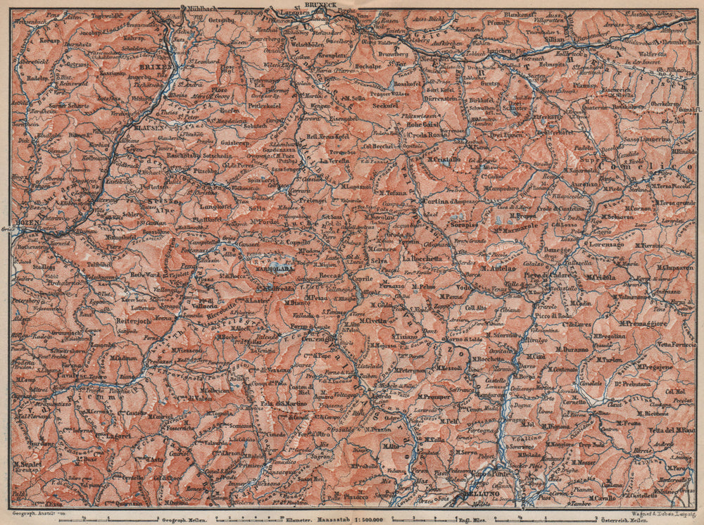 DOLOMITE ALPS DOLOMITI Brixen Bressanone Kronplatz Val Gardena Cortina 1899 map