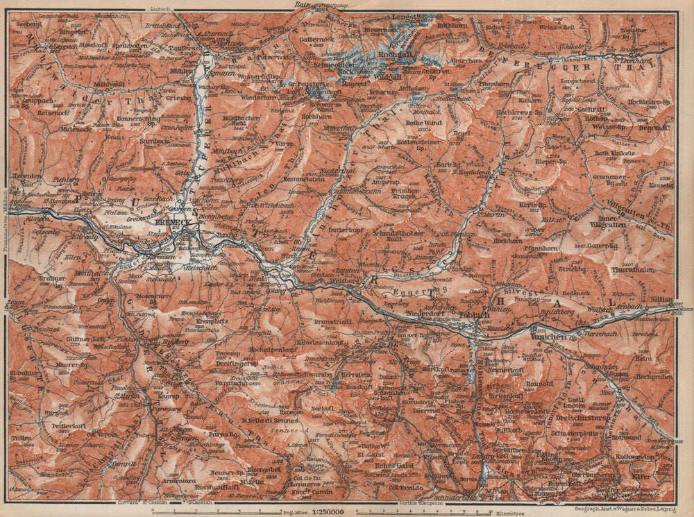 PUSTERTAL Bruneck Fanes-Sennes-Braies Tre Cime Rieserferner-Ahrn Sesto 1899 map
