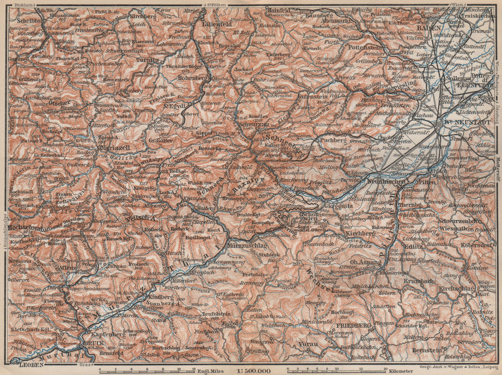 SEMMERING & MARIAZELL environs. Mürztal Styria Baden bei Wien Austria 1899 map