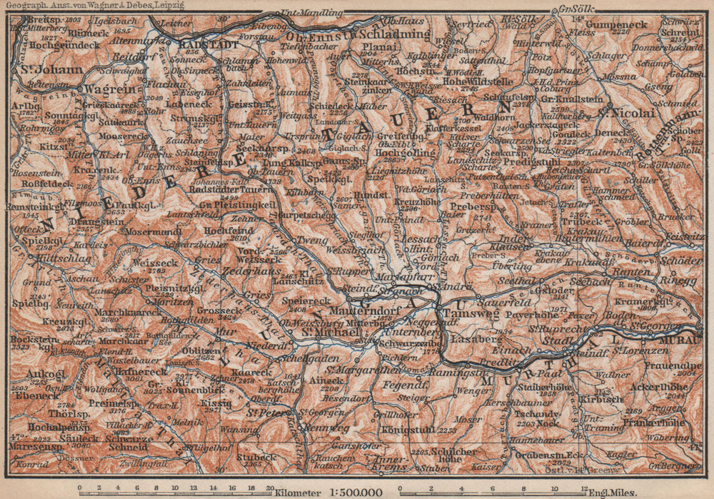 NIEDERE TAUERN & LUNGAU. Bad Gastein Wagrain Obertauern Schladming 1899 map