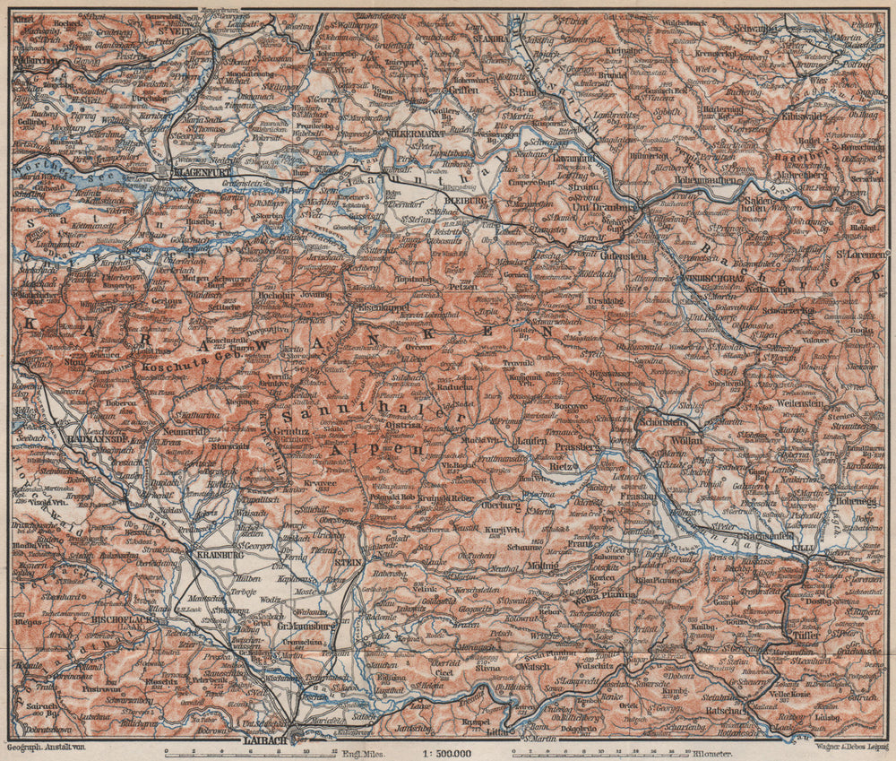KARAWANKEN & SANNTHALER ALPEN. Klagenfurt Ljubljana Kranj. Carinthia 1899 map