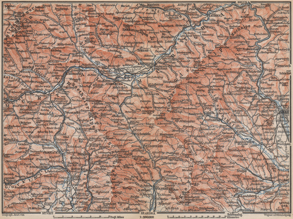 STYRIAN & CARINTHIAN ALPS. Murau Graz Murtal Leoben Wolfsburg. Austria 1899 map