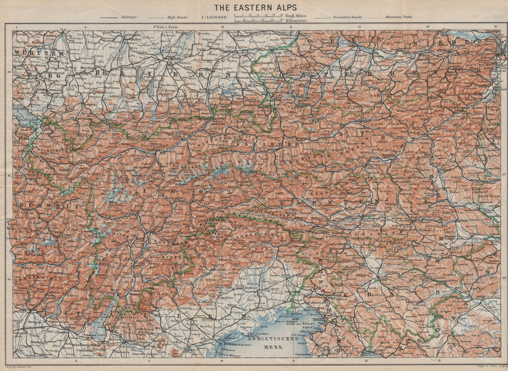 EASTERN ALPS. South Bavaria Bayern Austria Slovenia Tirol Wien München 1911 map