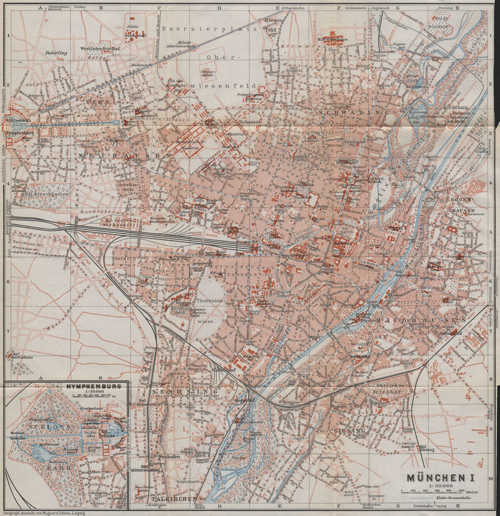 MÜNCHEN (MUNICH) town city stadtplan I. Munchen Nymphenburg. Bavaria 1911 map