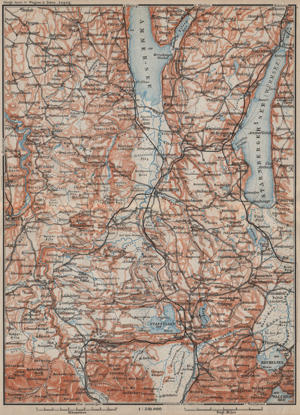STARNBERGERSEE & AMMERSEE. Weilheim Schongau Murnau Starnberg karte 1911 map