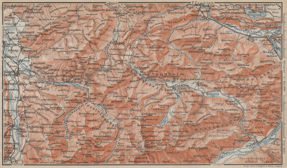 NORTH ALLGÄU &  TANNHEIM ALPS. Hindelang Sonthofen Pfronten Tannheim 1911 map