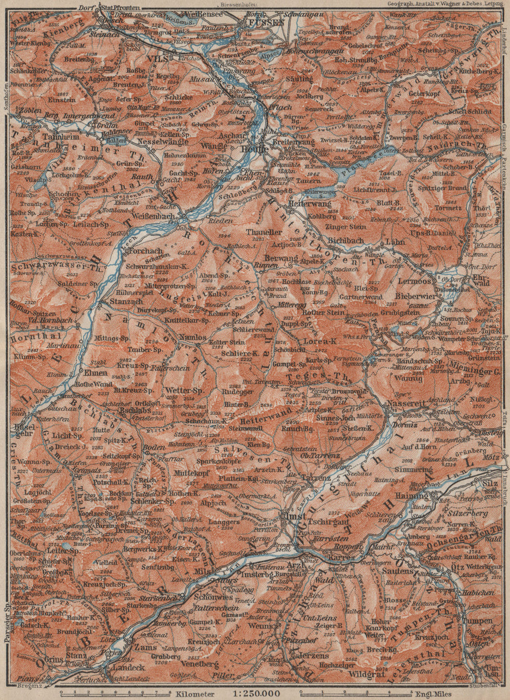 Ammergauer & Lechtaler Alpen. Oberinntal. Fussen Imst Reutte. Tirol 1911 map