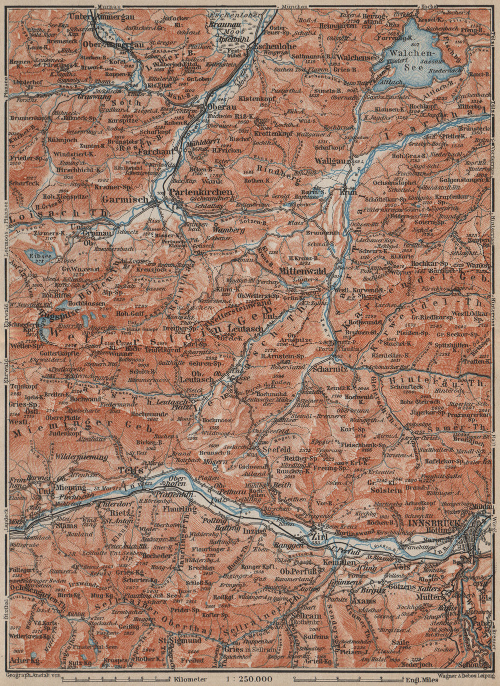 WETTERSTEIN Garmisch-Partenkirchen Innsbruck Inntal Mittenwald Oberau 1911 map