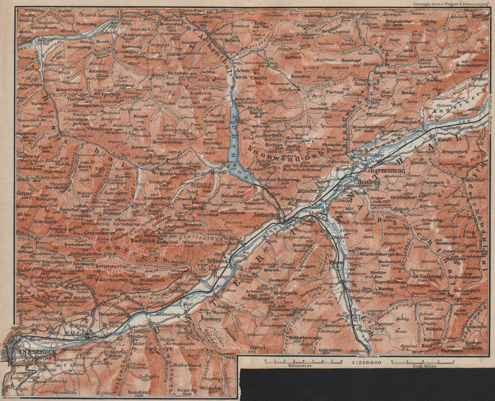 Tiroler Unterland. Unterinntal. Inn valley. Innsbruck Tyrol Jenbach 1911 map
