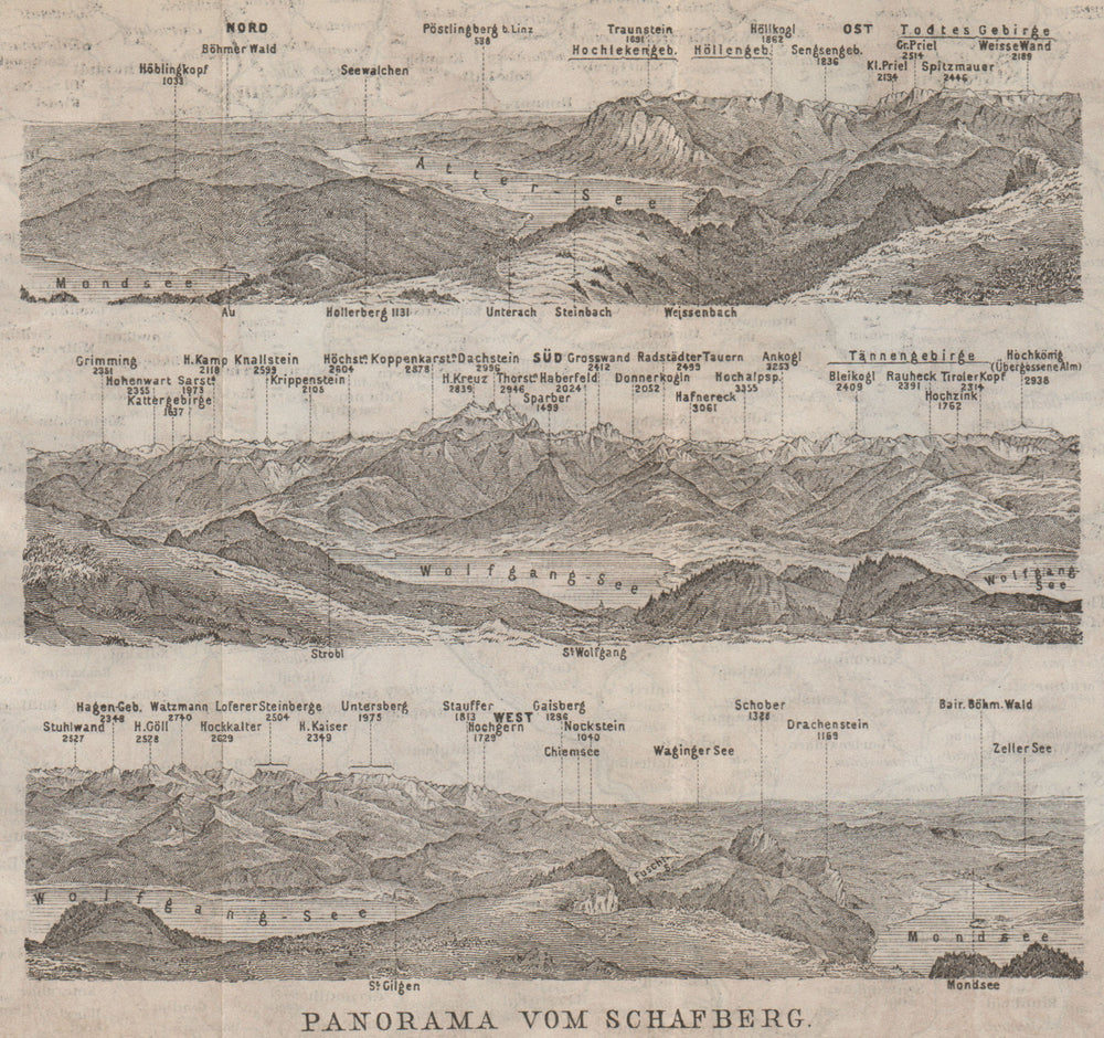 PANORAMA VOM SCHAFBERG, Salzkammergut. Austria Österreich karte 1911 old map
