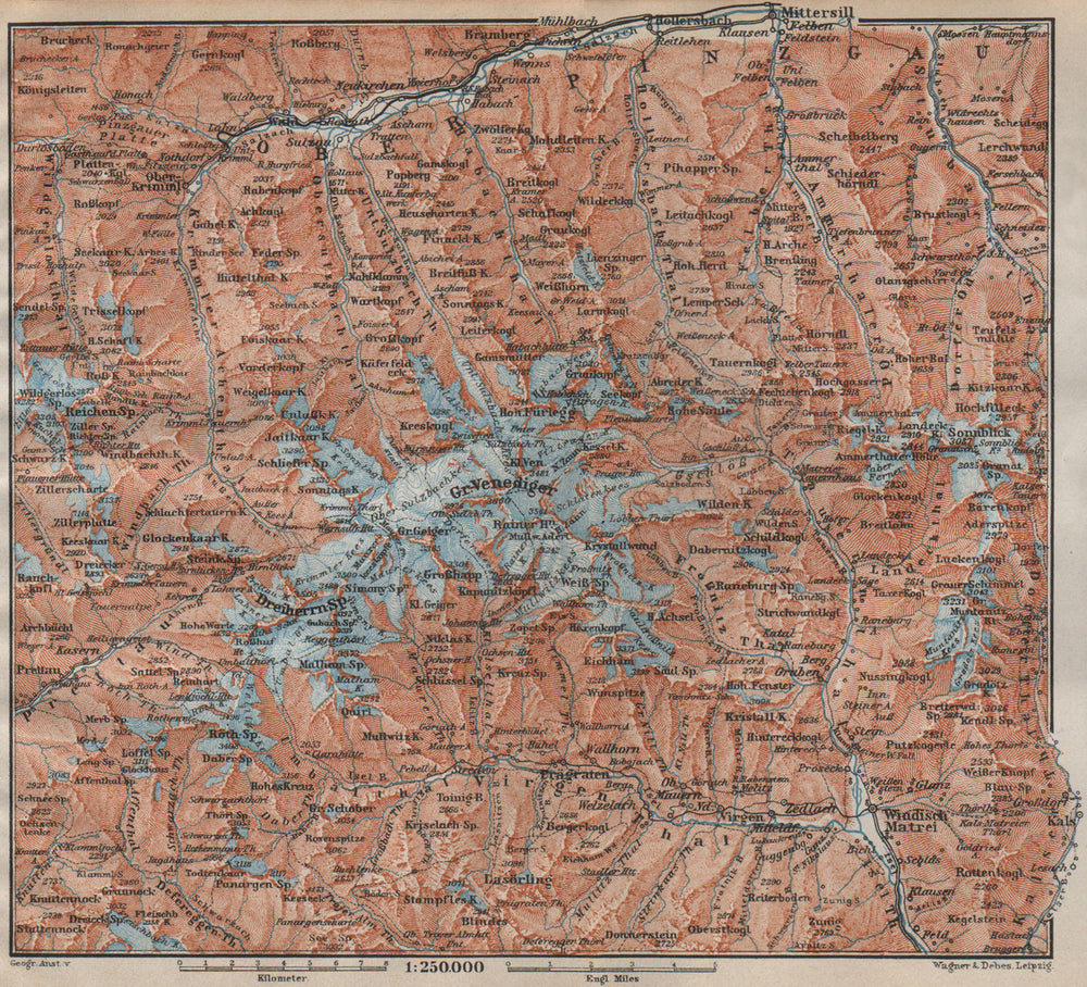 VENEDIGERGRUPPE. OBERPINZGAU. HOHE TAUERN. Mittersill Prägraten  karte 1911 map