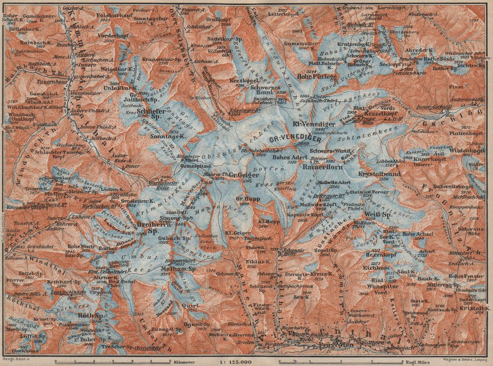 Gross VENEDIGERGRUPPE Group topo-map. Prägraten. Austria Österreich 1911