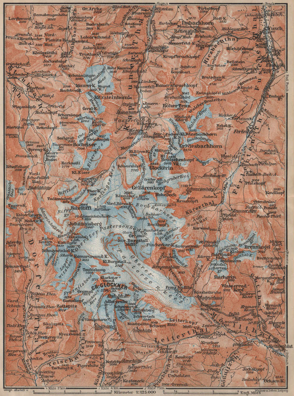 GLOCKNERGRUPPE Grossglockner topo-map. Austria Österreich karte 1911 old