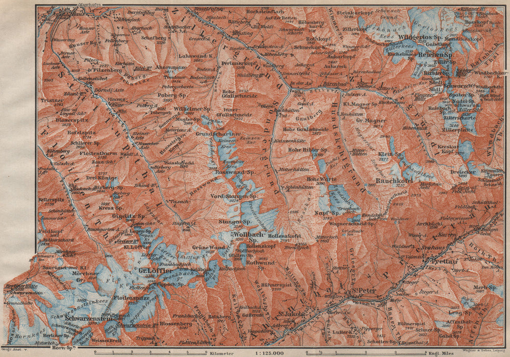 EASTERN ZILLERTAL. Ahrntal Valle Aurina Prettau Schwarzenstein Südtirol 1911 map