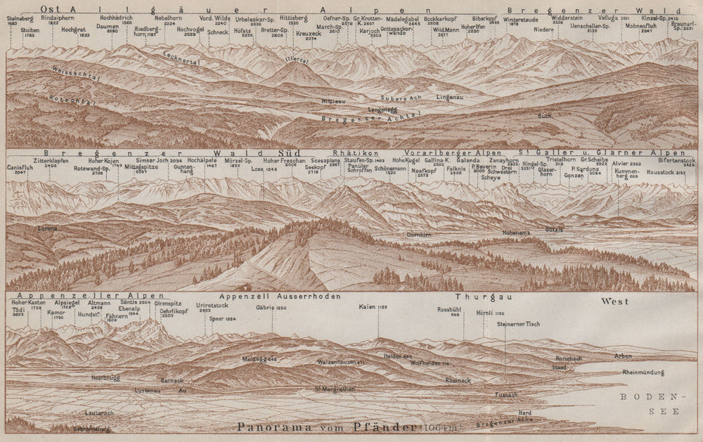 PANORAMA from/vom PFÄNDER (1064m). Vorarlberg. Österreich. Pfander 1911 map
