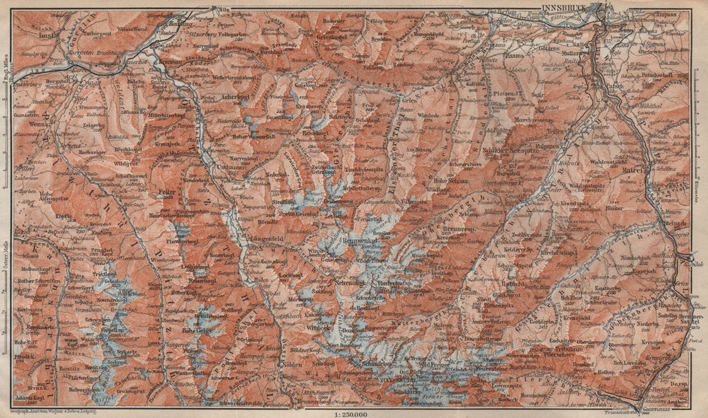 STUBAIER ALPEN. Stubaital Ötztal Pitztal. Solden Kühtai Innsbruck  1911 map