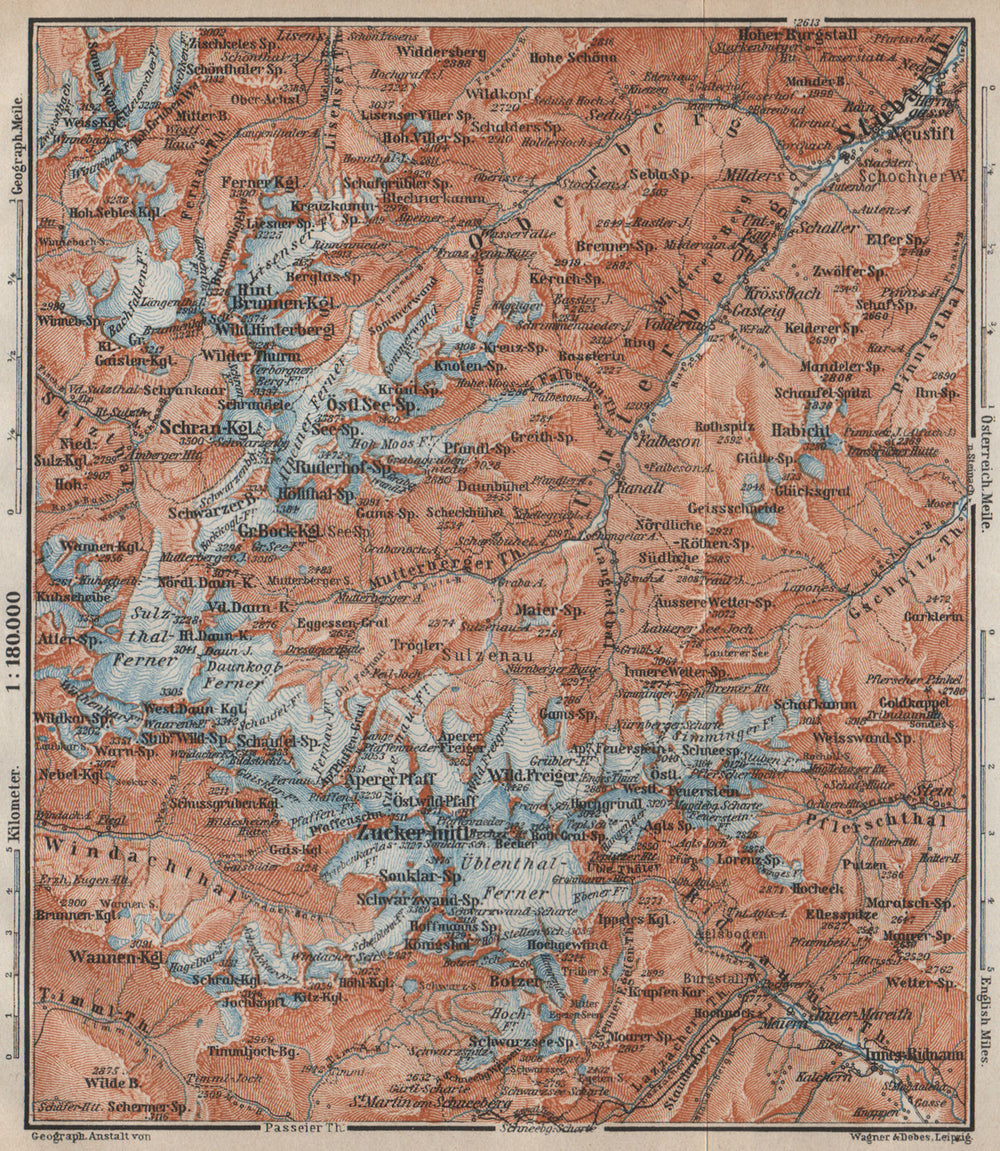 STUBAI ALPS Stubaier Alpen. Neustift im Stubaital Tirol Tyrol topo-map 1911