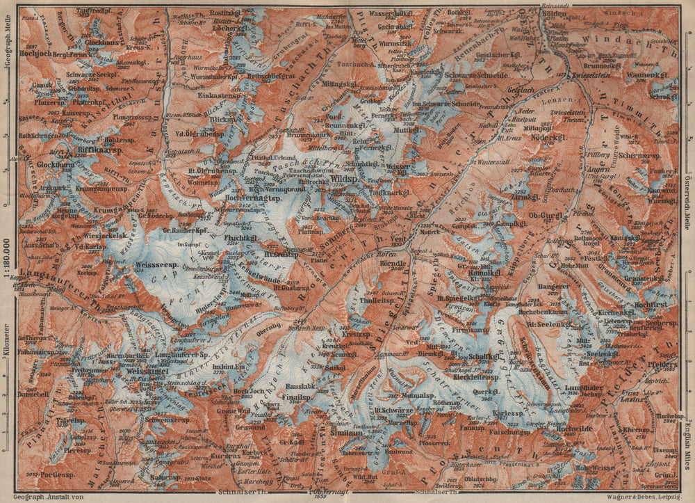 UPPER ÖTZTAL Solden Obergurgl Wildspitze Tyrol Tirol topo-map. Austria 1911