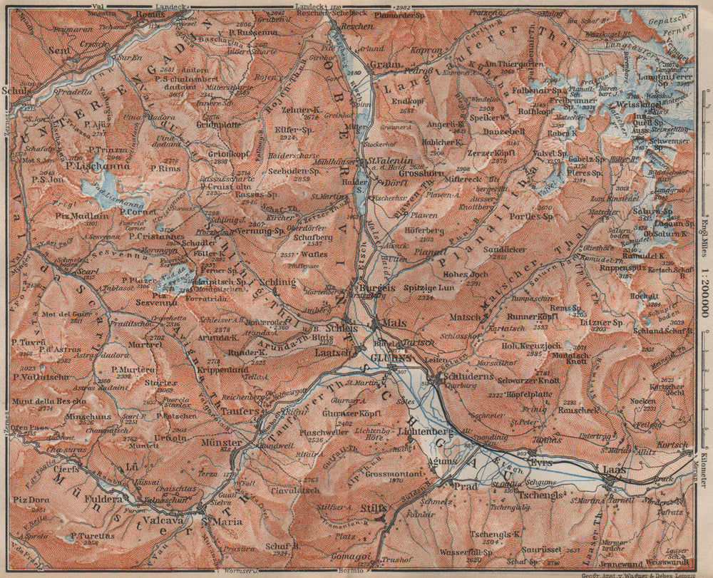 UPPER/OBERVINTSCHGAU. Val Venosta. Glurns Glorenza Laas Graun Südtirol 1911 map