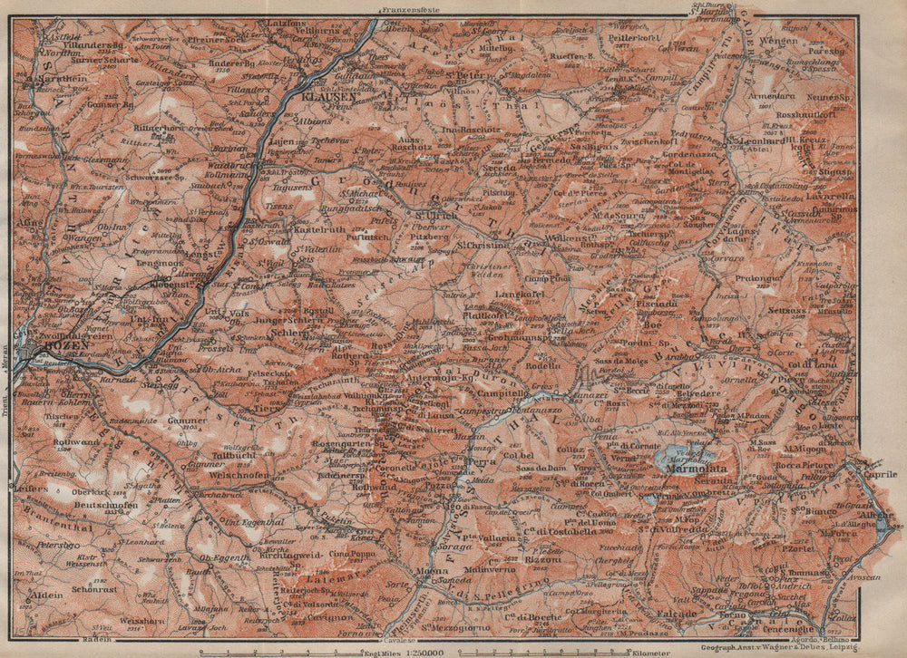 VAL GARDENA/GRÖDEN. Bozen/Bolzano Schlern-Rosengarten Südtirol Klausen 1911 map