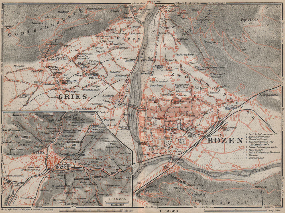 BOLZANO (BOZEN) environs. Gries. town city plan. Italy mappa. BAEDEKER 1911