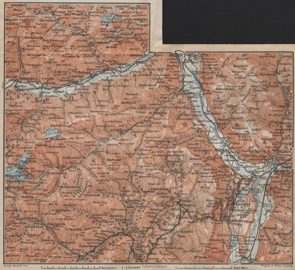VINTSCHGAU ADIGE/ETSCH Ultental valleys. Bozen/Bolzano Merano Südtirol 1911 map