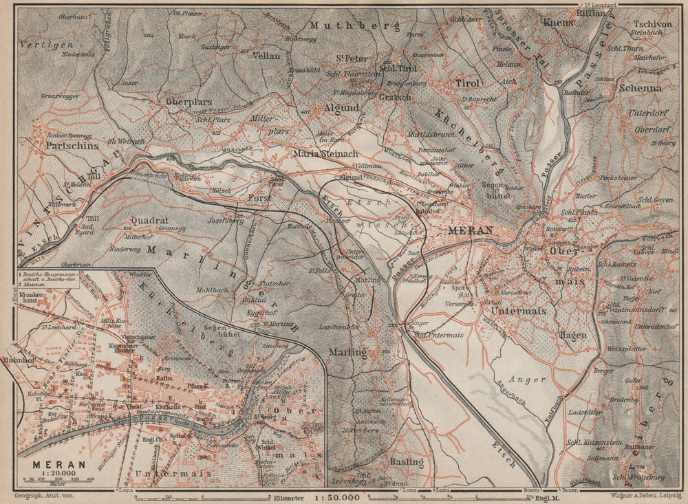 MERANO / MERAN environs Scena Plars di Sopra Marlengo Lagundo Parcines 1911 map