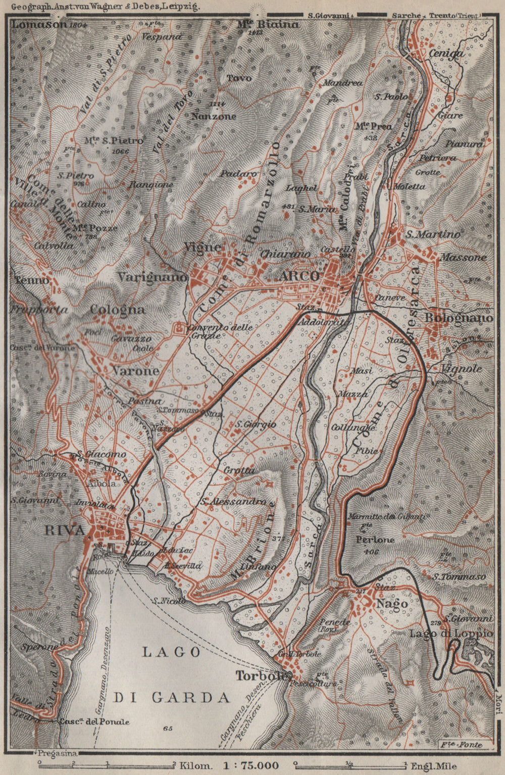 ARCO & RIVA DEL GARDA environs. Trento, Italy Italia. Bolognano mappa 1911