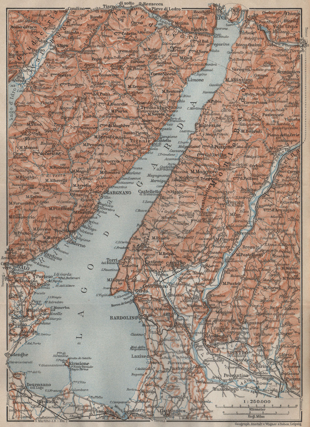 LAGO DI/LAKE GUARDA. Riva Salo Gargnano Bardolino. Topo-map. Italy 1911