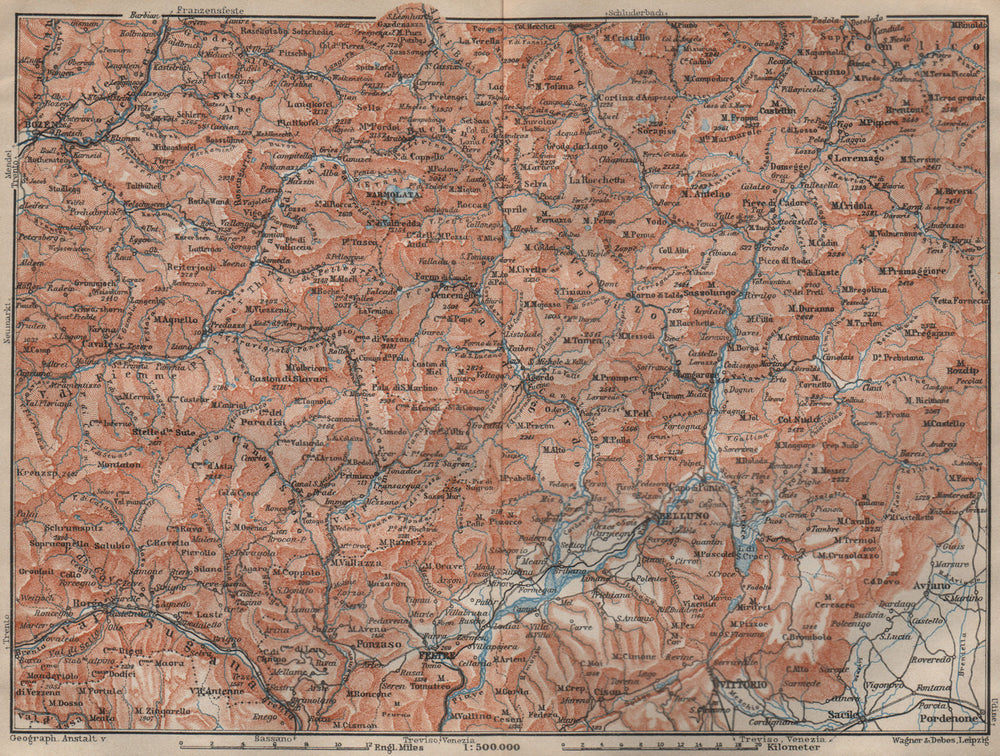 DOLOMITE ALPS DOLOMITI Bolzano Belluno Val Gardena Cortina d'Ampezzo 1911 map