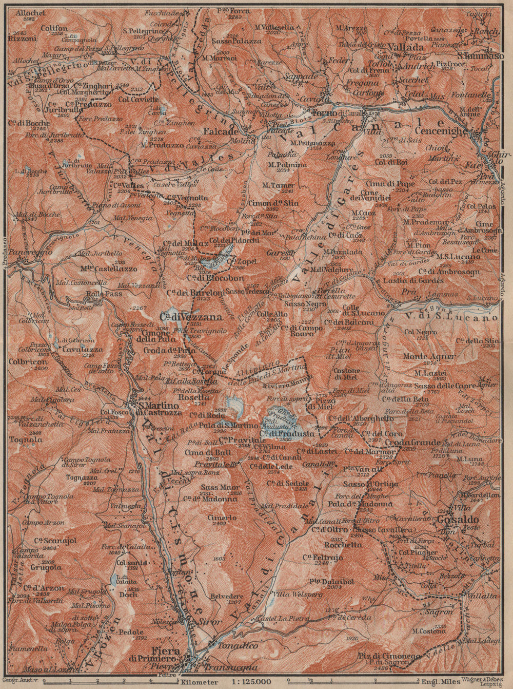 SAN MARTINO DI CASTROZZA. Paneveggio Trentino Fiero di Primero Gosaldo 1911 map
