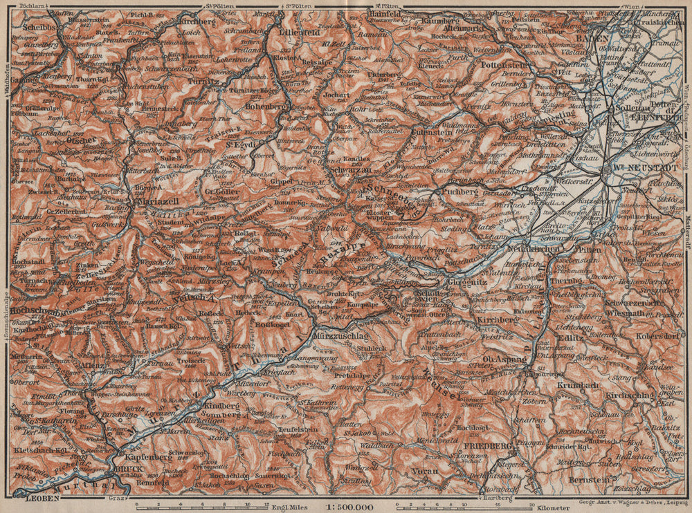 SEMMERING & MARIAZELL environs. Mürztal Styria Baden bei Wien Austria 1911 map