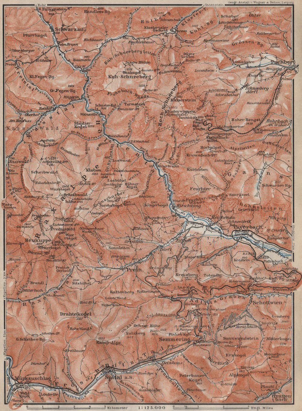 LOWER AUSTRIA. Schwarza (Leitha) river. Semmering Schneeberg Raxalpe 1911 map
