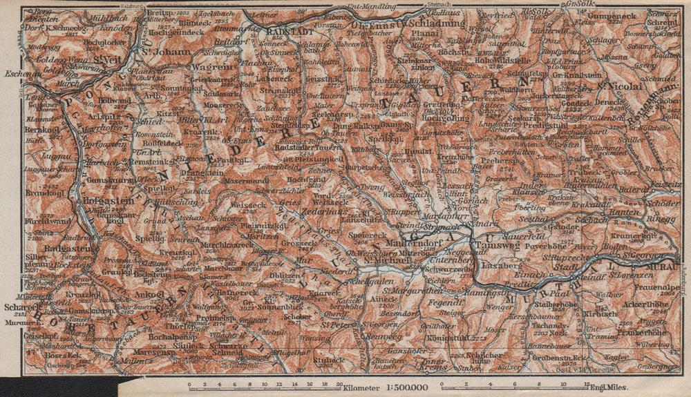 NIEDERE TAUERN & LUNGAU. Bad Gastein Wagrain Obertauern Schladming 1911 map