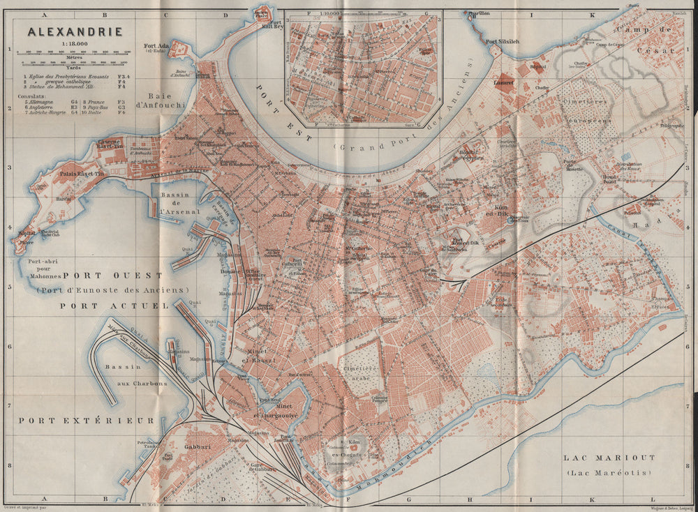 ALEXANDRIA/ALEXANDRIE antique town city plan. Egypt. BAEDEKER 1914 old map