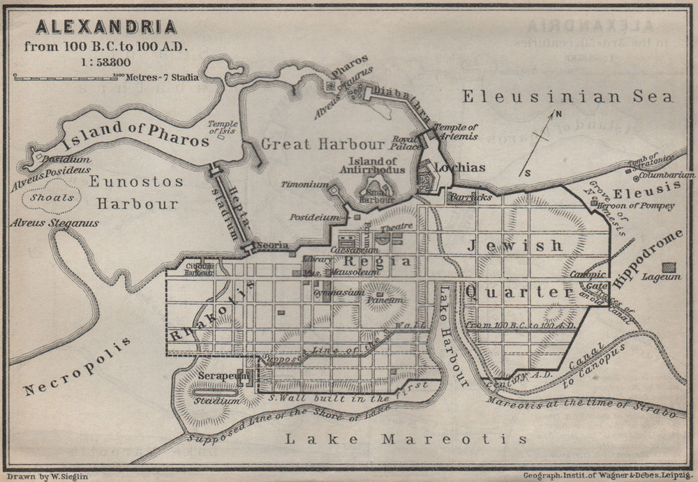 ALEXANDRIA FROM 100 BC TO 100 AD antique town city plan. Egypt 1914 old map
