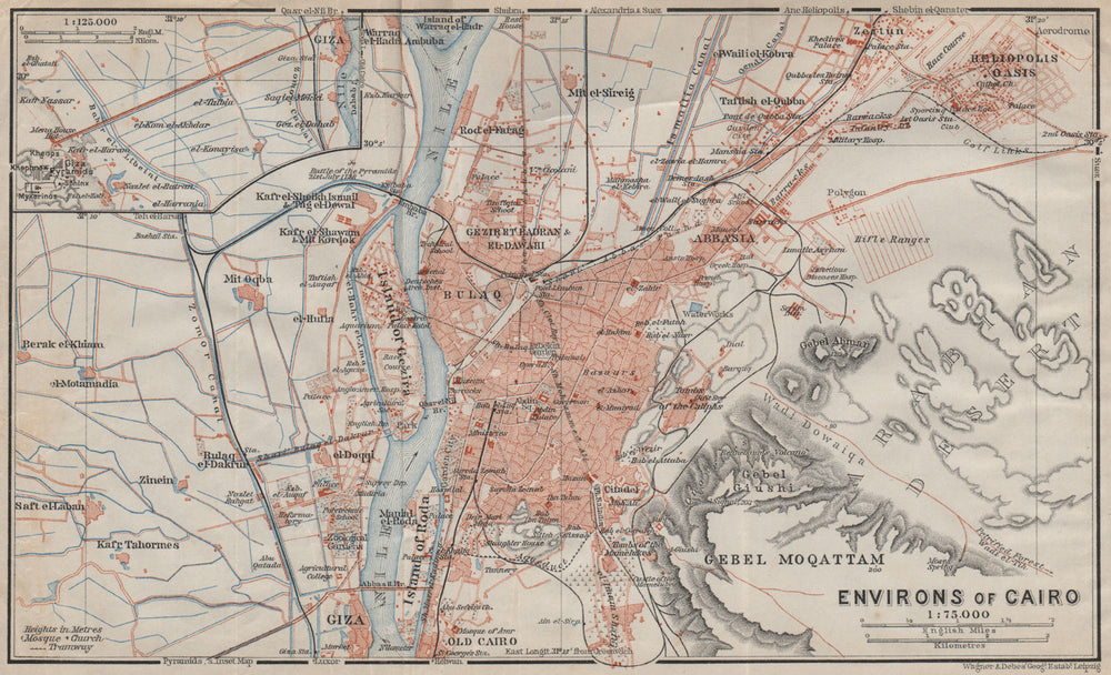 CAIRO & ENVIRONS. Inset Giza. town city plan. Egypt. BAEDEKER 1914 old map