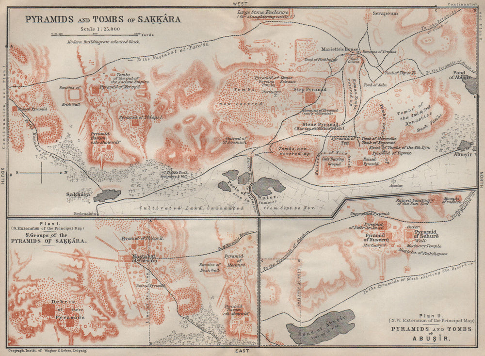 PYRAMIDS & TOMBS OF SAQQARA & ABUSIR PYRAMIDS topo-map. Egypt 1914 old