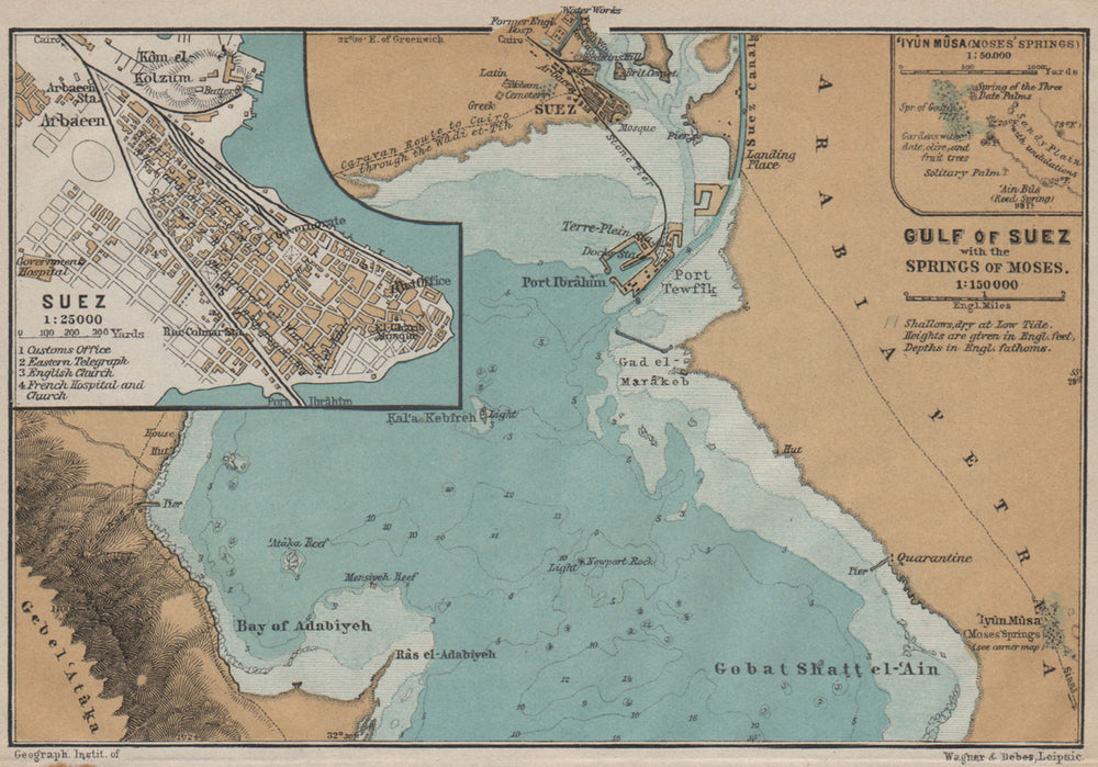 GULF OF SUEZ & SUEZ town city plan. Moses' springs / Oyun Musa. Egypt 1914 map