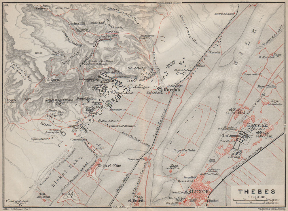 LUXOR THEBES KARNAK environs. Theban Necropolis. Waset topo-map. Egypt 1914