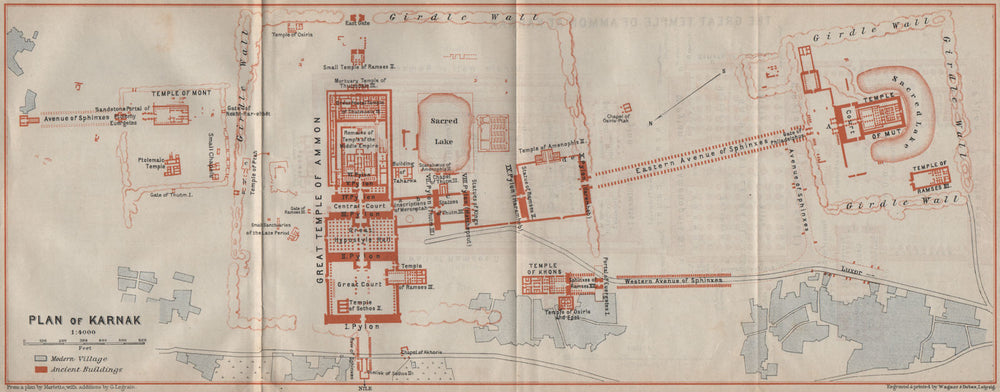 KARNAK TEMPLE COMPLEX ground plan. Egypt. BAEDEKER 1914 old antique map chart