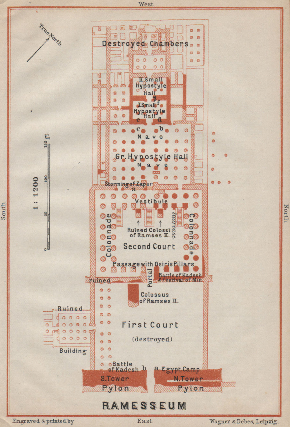 RAMESSEUM floor plan. Theban Necropolis. Pharoah Rameses II. Egypt 1914 map