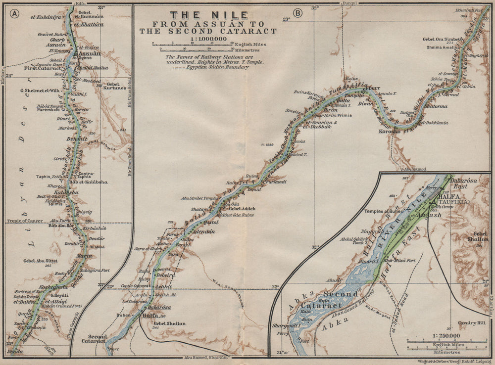 NILE RIVER VALLEY Aswan-Wadi Halfa/2nd cataract Pre-Lake Nasser. Egypt 1914 map
