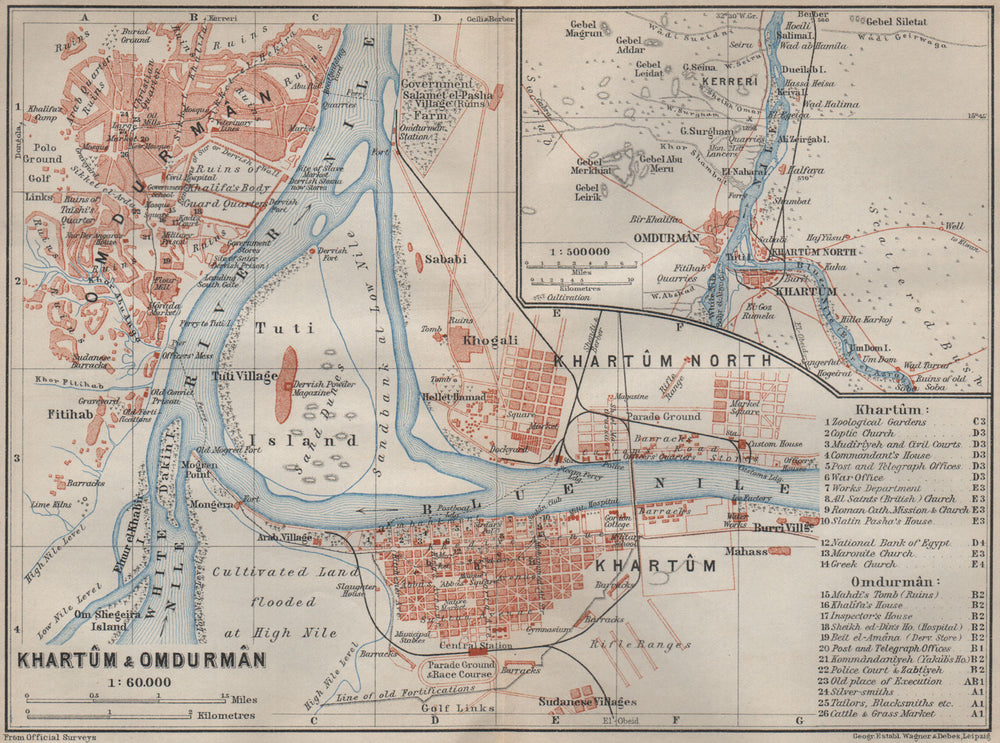 KHARTOUM & OMDURMAN antique town city plan. Sudan. BAEDEKER 1914 old map