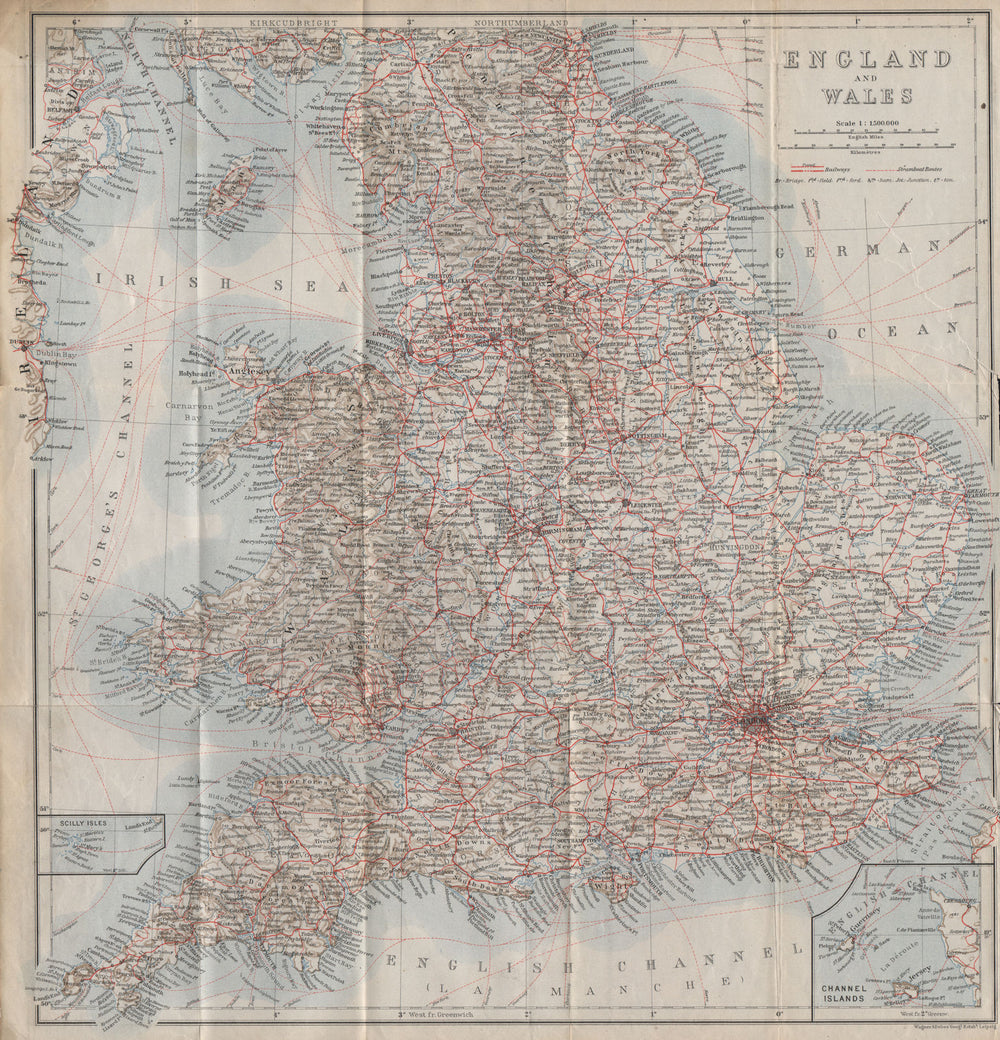 ENGLAND & WALES Railways & Steamboat steamship routes. Great Britain 1910 map