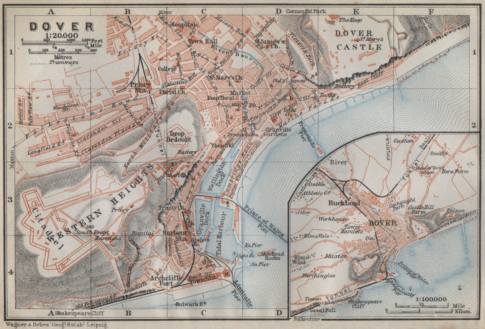 DOVER antique town city plan & environs. Kent. BAEDEKER 1910 old map ...