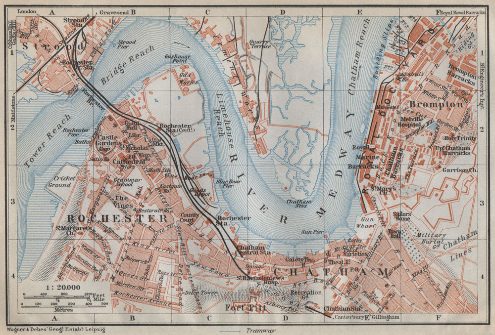 ROCHESTER, CHATHAM & STROOD town plan. River Medway. Dockyards. Kent 1910 map